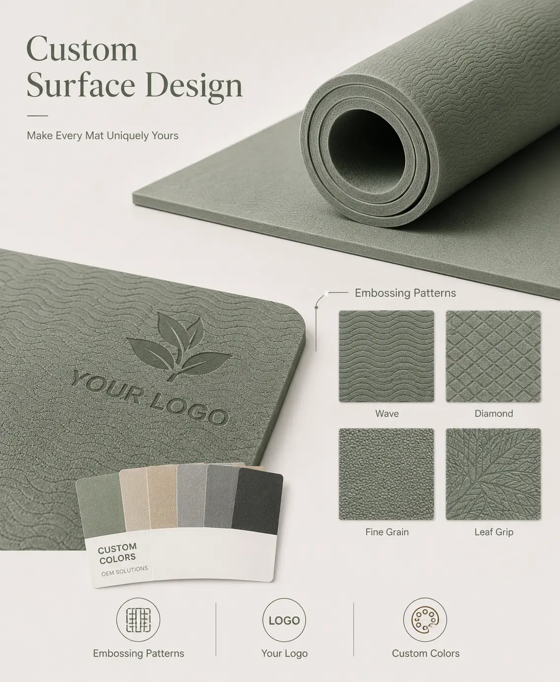 Custom TPE yoga mat surface design with embossing patterns, logo customization, and color swatches