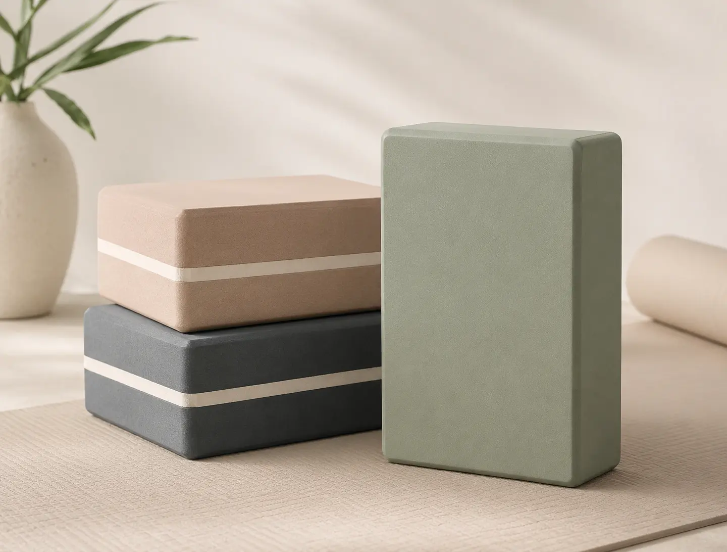 Custom EVA yoga blocks in muted colors for wholesale and private-label yoga collections