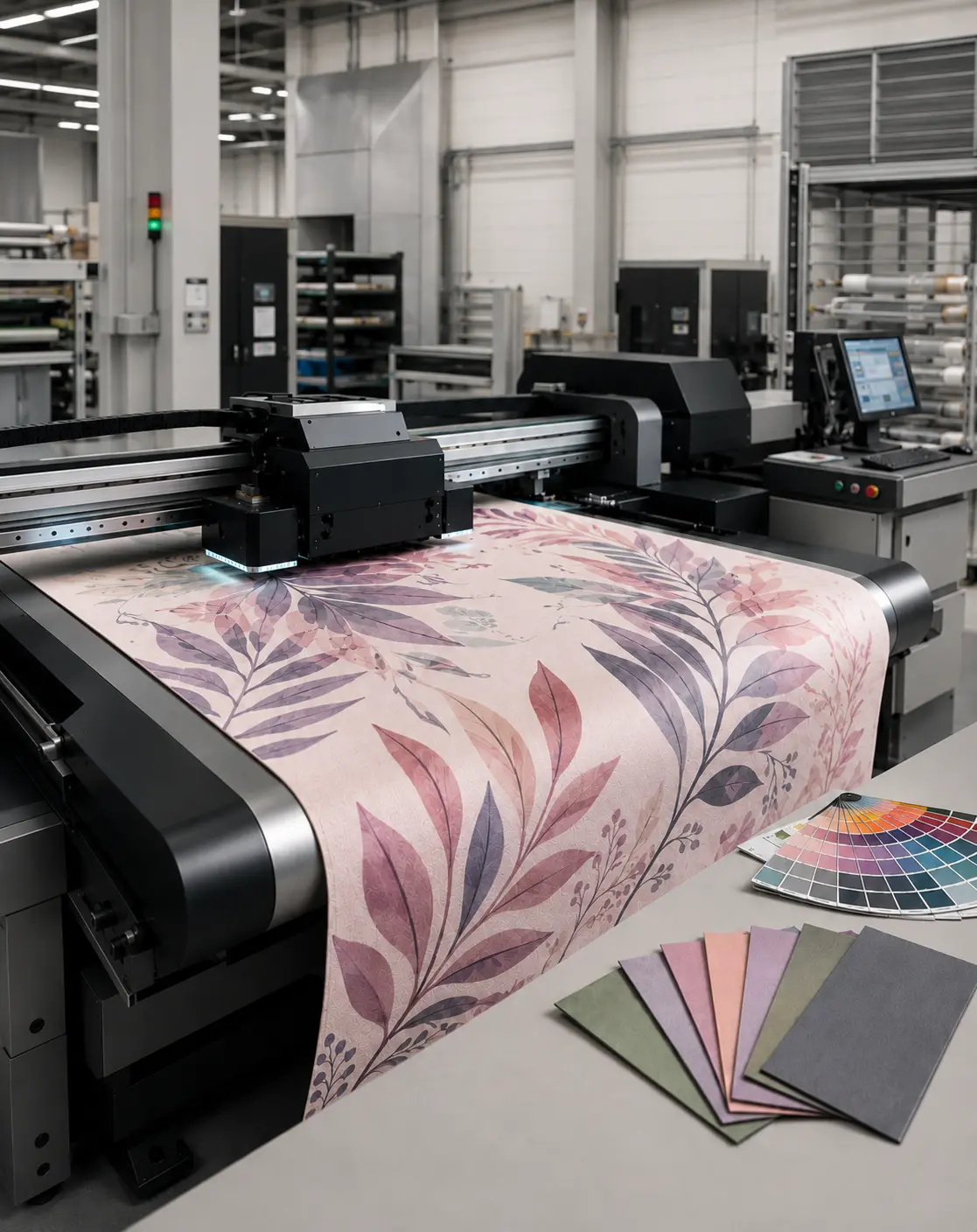 Digital printing machine producing a custom printed suede yoga mat with botanical artwork in a professional factory setting