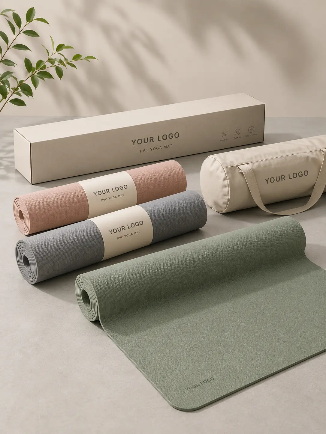 Custom PVC yoga mats with OEM packaging, Your Logo bands, long retail box, and carry bag for wholesale projects.