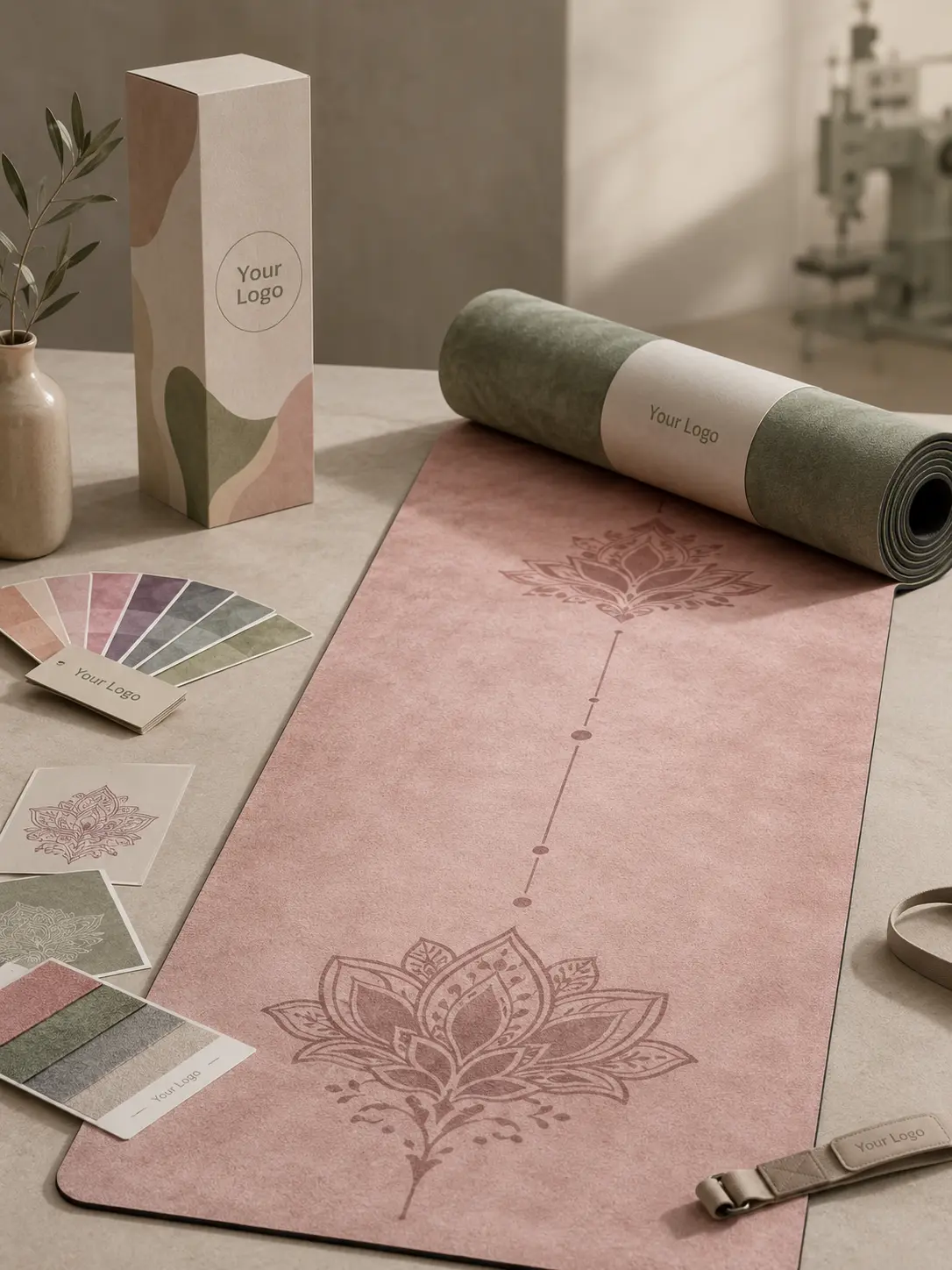 Custom suede yoga mat with private label packaging, logo band, color swatches, and printed alignment design for OEM branding