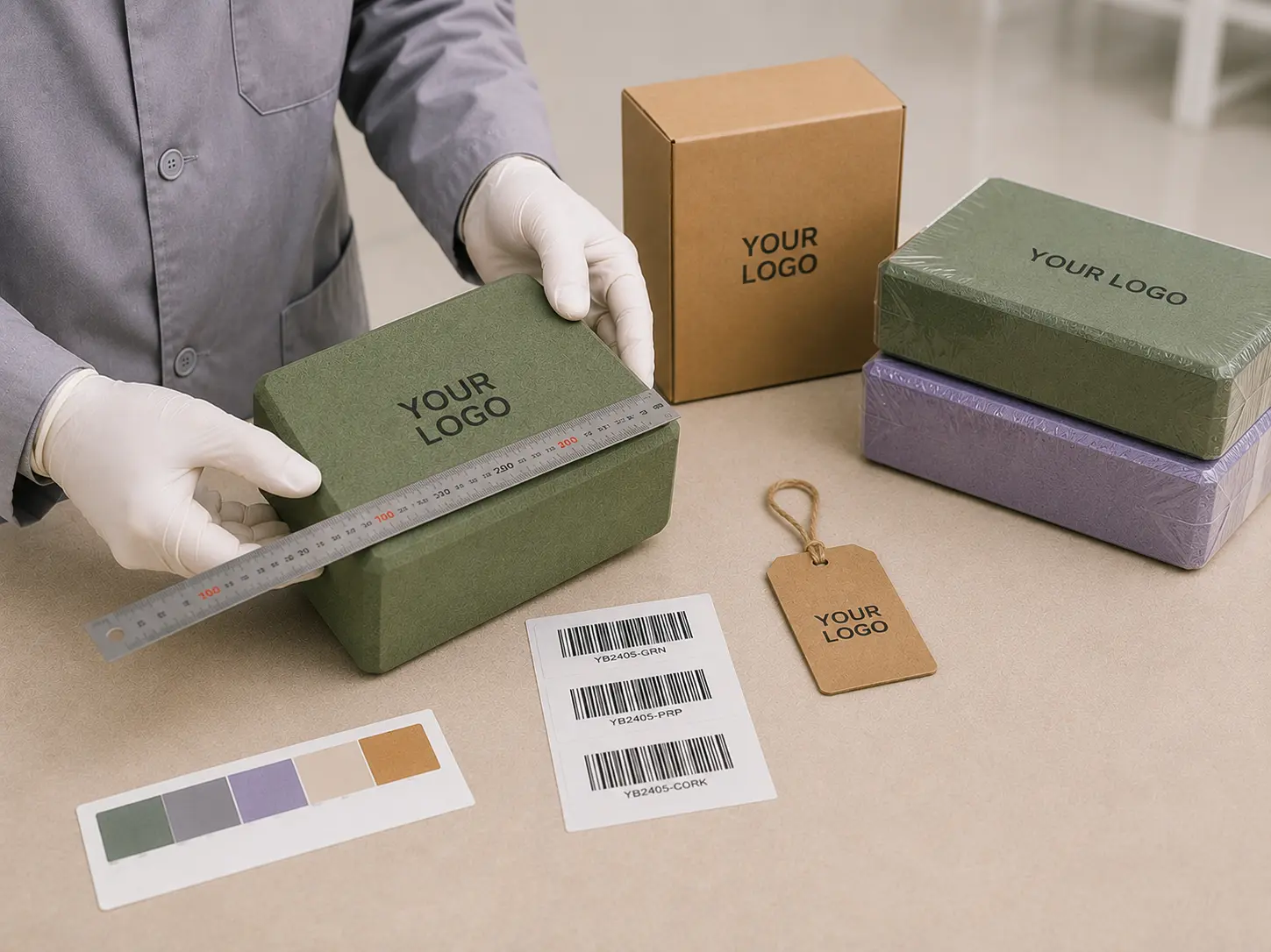 QC technician checking Your Logo placement and packaging details on custom yoga blocks before shipment