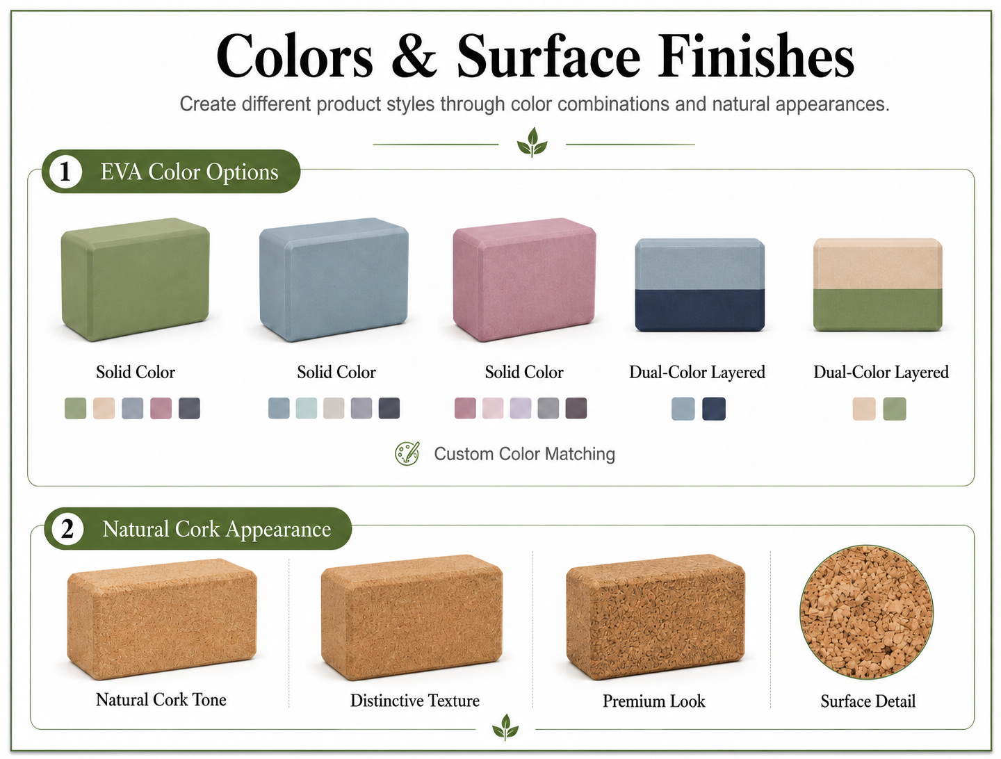 Custom yoga block colors and surface finishes showing EVA color options and natural cork appearance