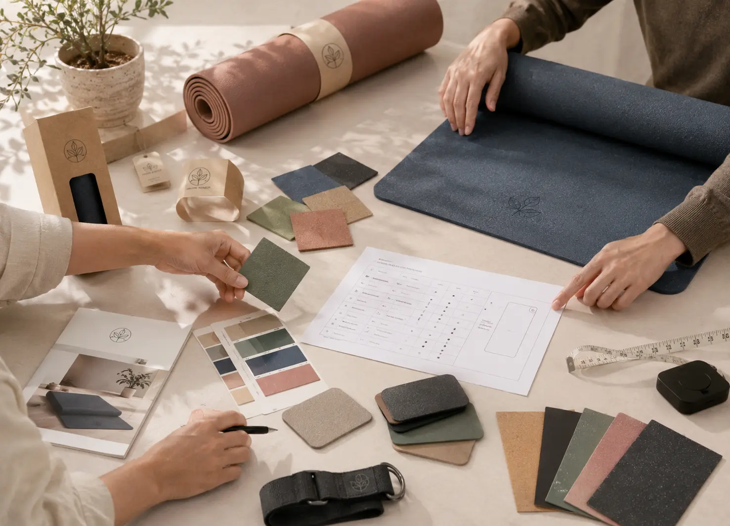 Buyer and supplier reviewing yoga mat materials, colors, thickness samples, specifications, and packaging options