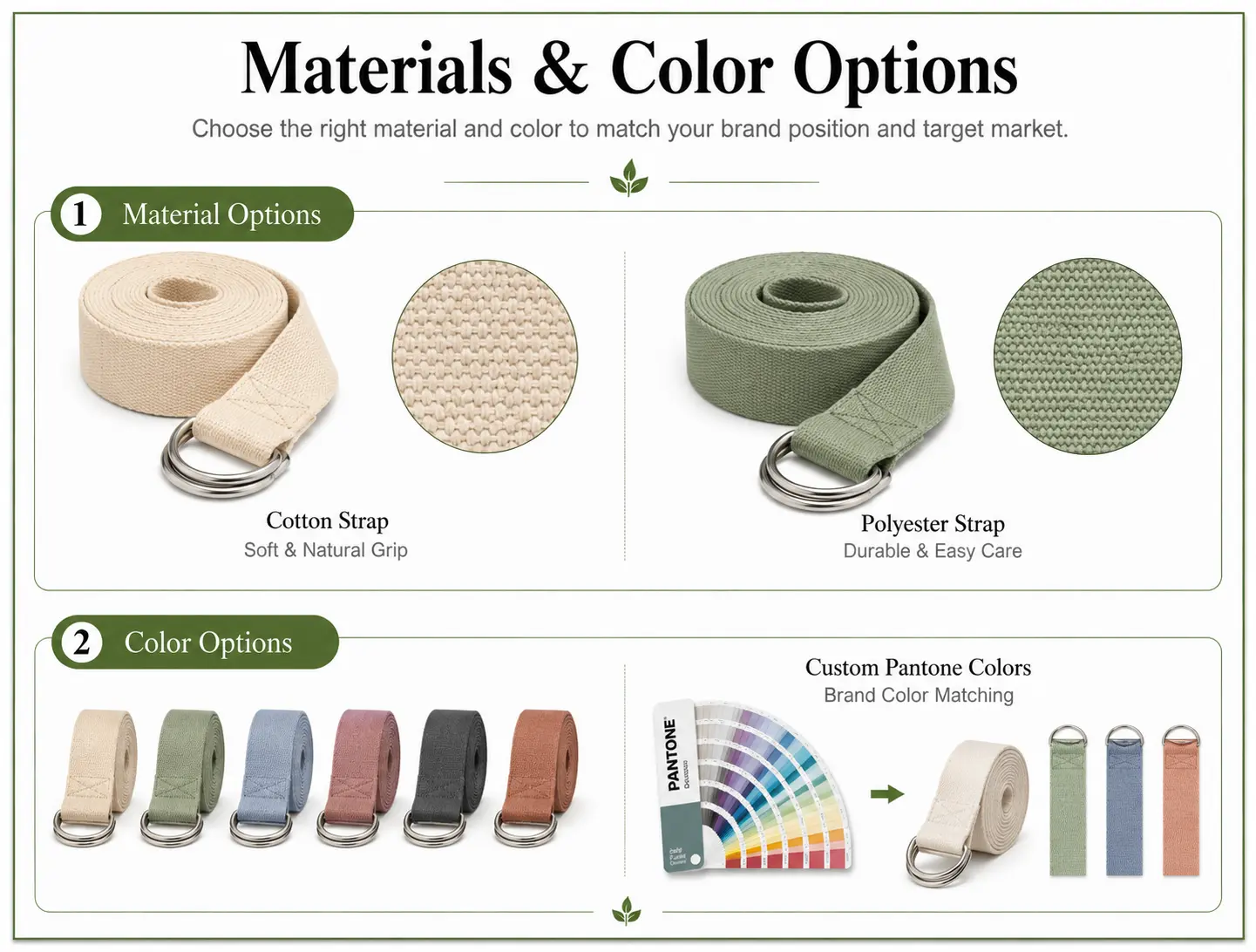 Custom cotton and polyester yoga strap materials with stock and Pantone color options