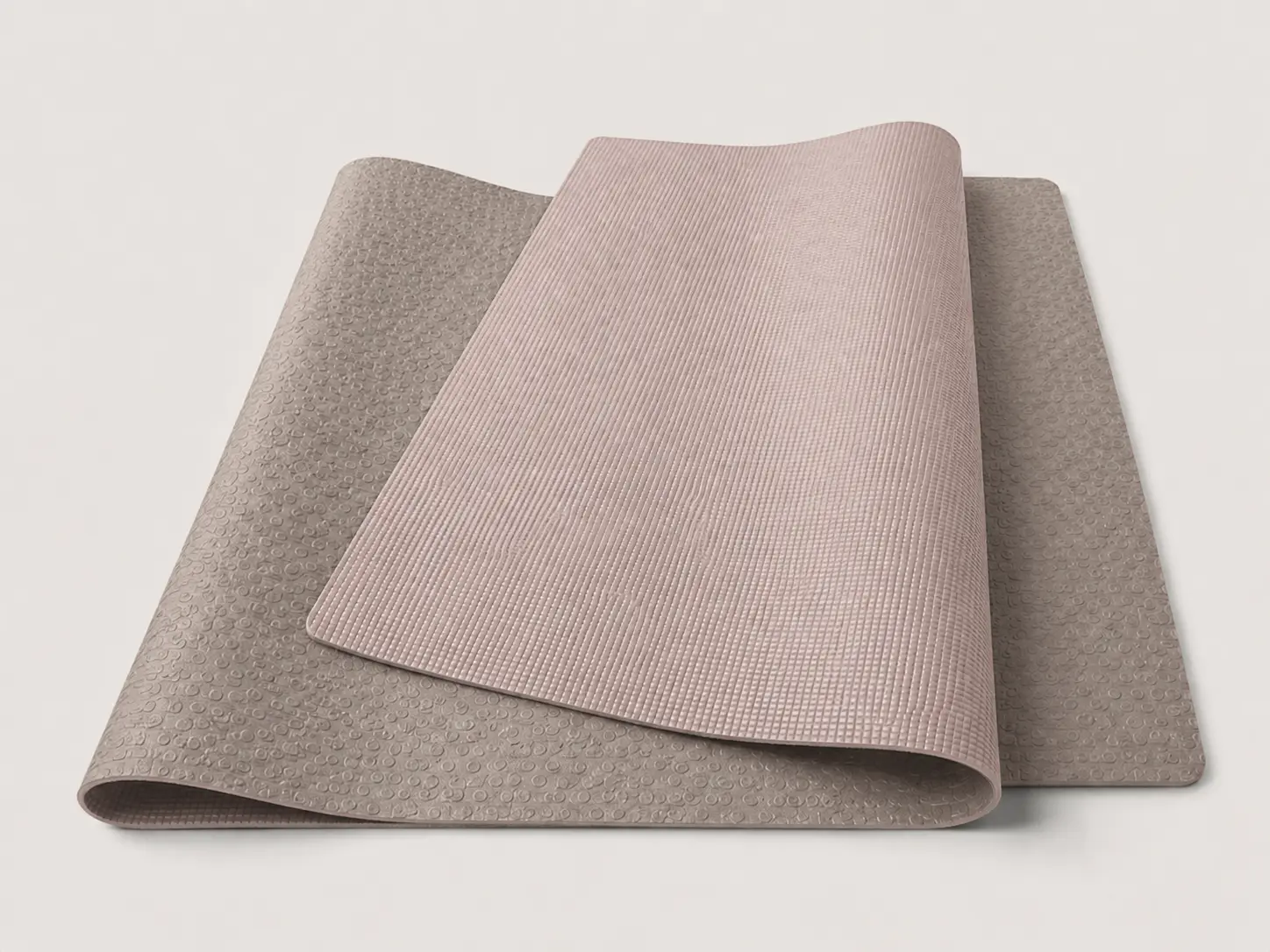 Double layer two-color PVC yoga mat with green and purple textured surfaces for reversible wholesale yoga mat designs.