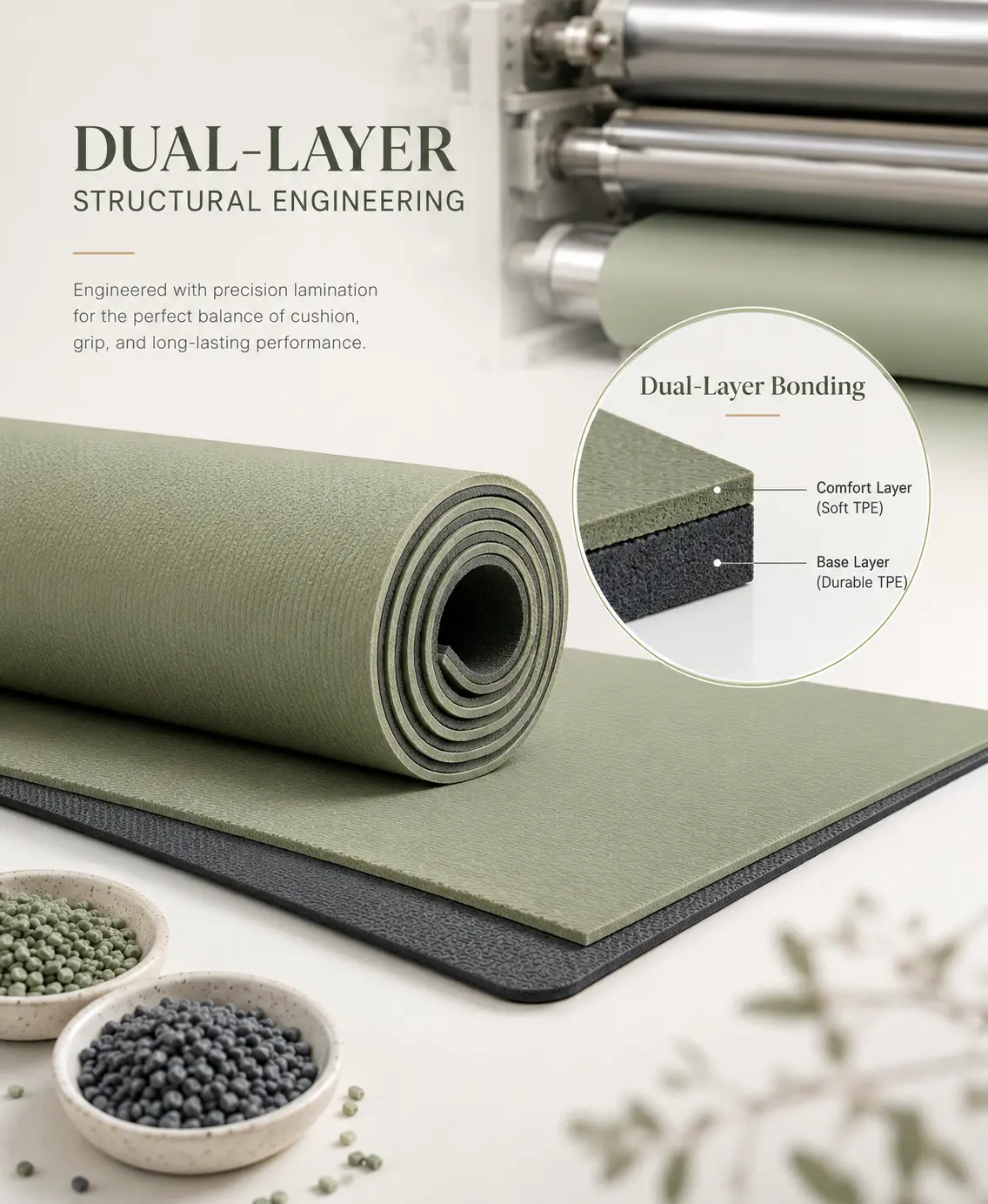 Dual-layer TPE yoga mat bonding process with sage green comfort layer and dark durable base layer
