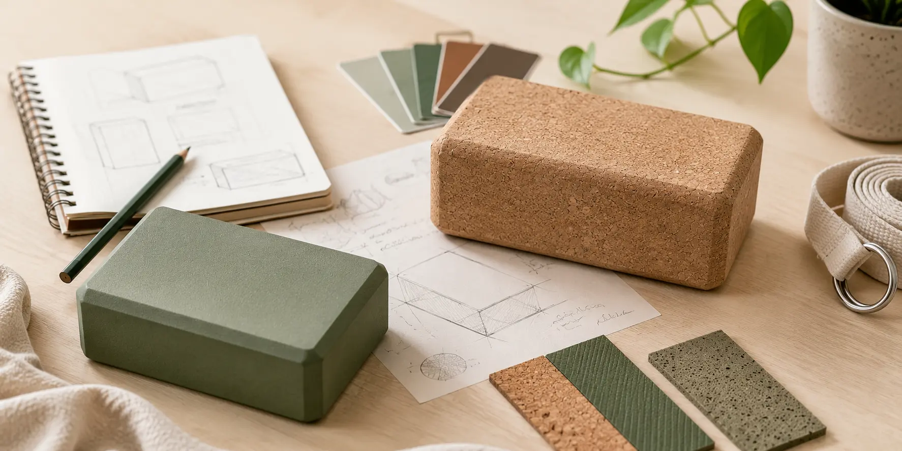EVA and cork yoga blocks displayed with material samples, color swatches, and product design sketches