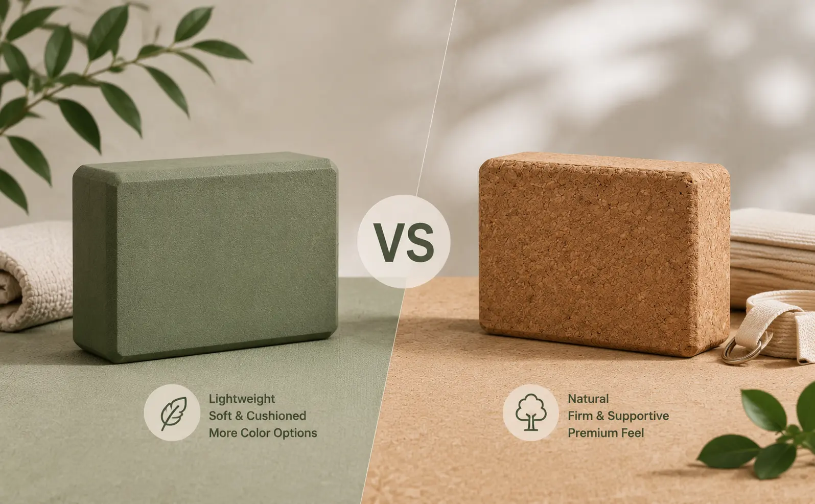 EVA and cork yoga blocks compared by weight, firmness, material, and product positioning