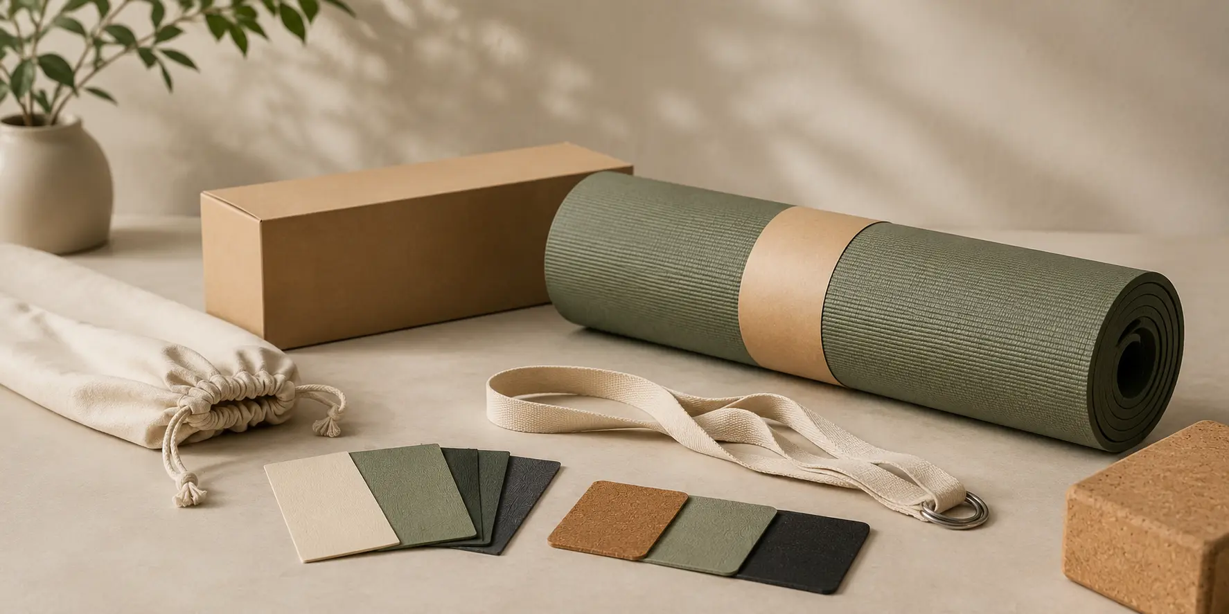 Rolled yoga mat with carrying strap, storage bag, packaging box, cork block, and material samples
