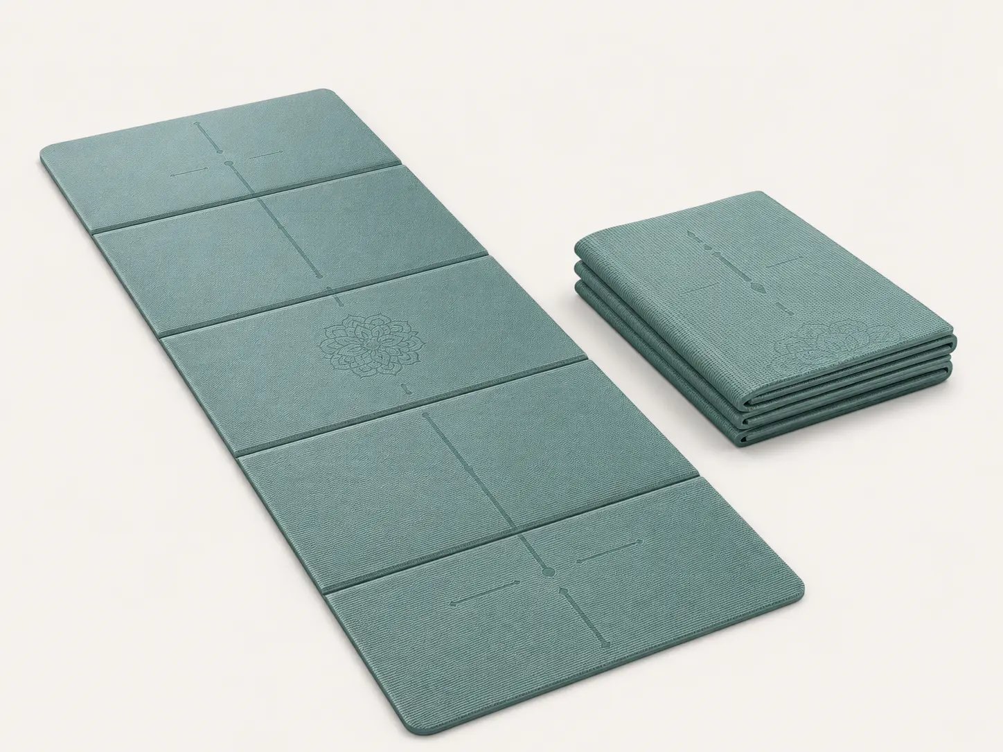 PVC foldable yoga mat with alignment lines, textured surface, and compact folded design for travel and storage.