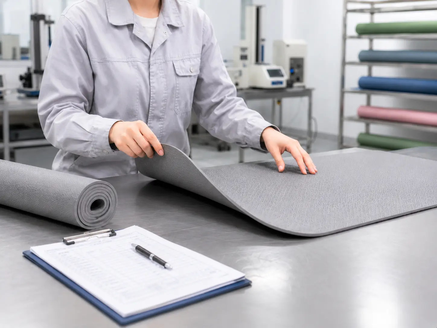 PVC yoga mat curl recovery and durability testing during quality control inspection