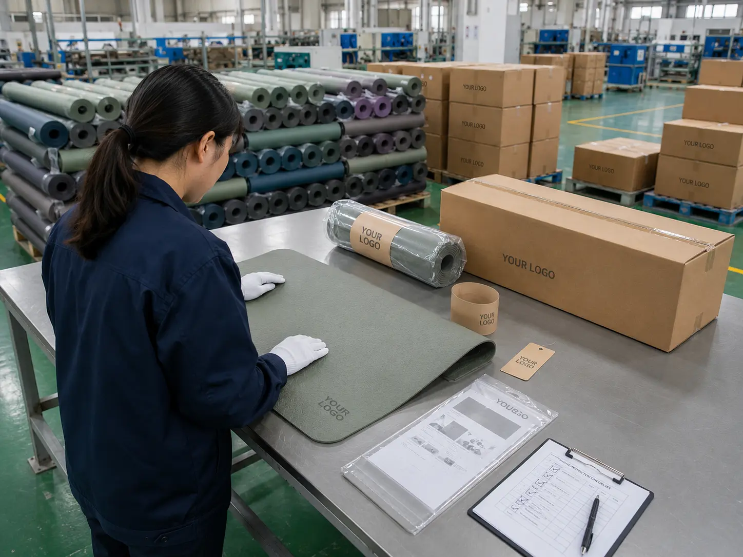 Quality inspector verifying logo, packaging, and labeling details for custom PVC yoga mats.