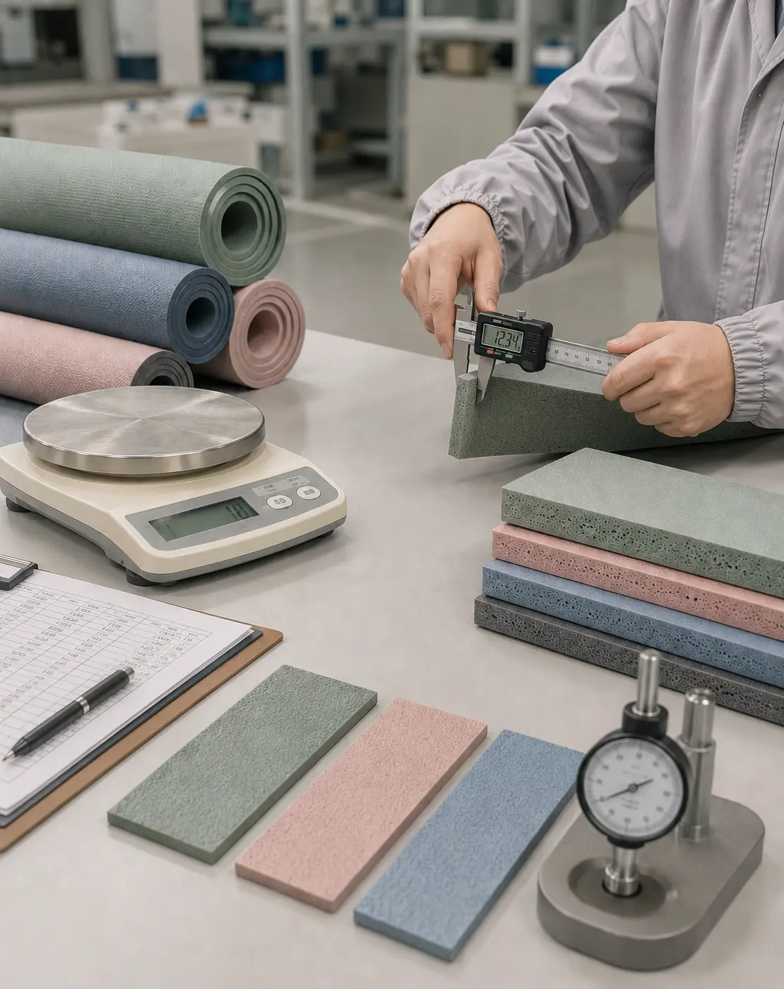 PVC yoga mat thickness and foam density inspection with digital caliper