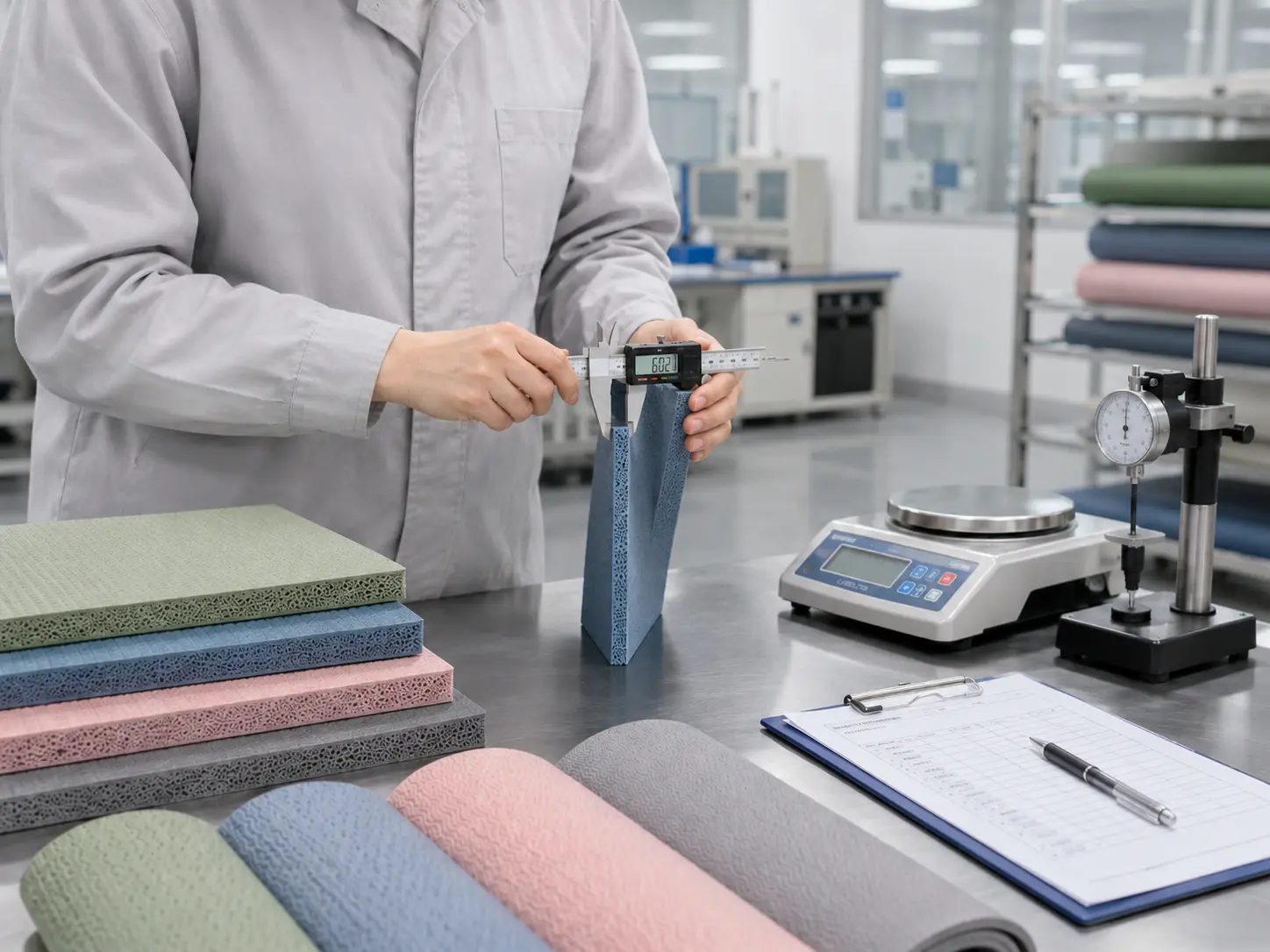 PVC yoga mat thickness and foam uniformity inspection with digital caliper in quality control process