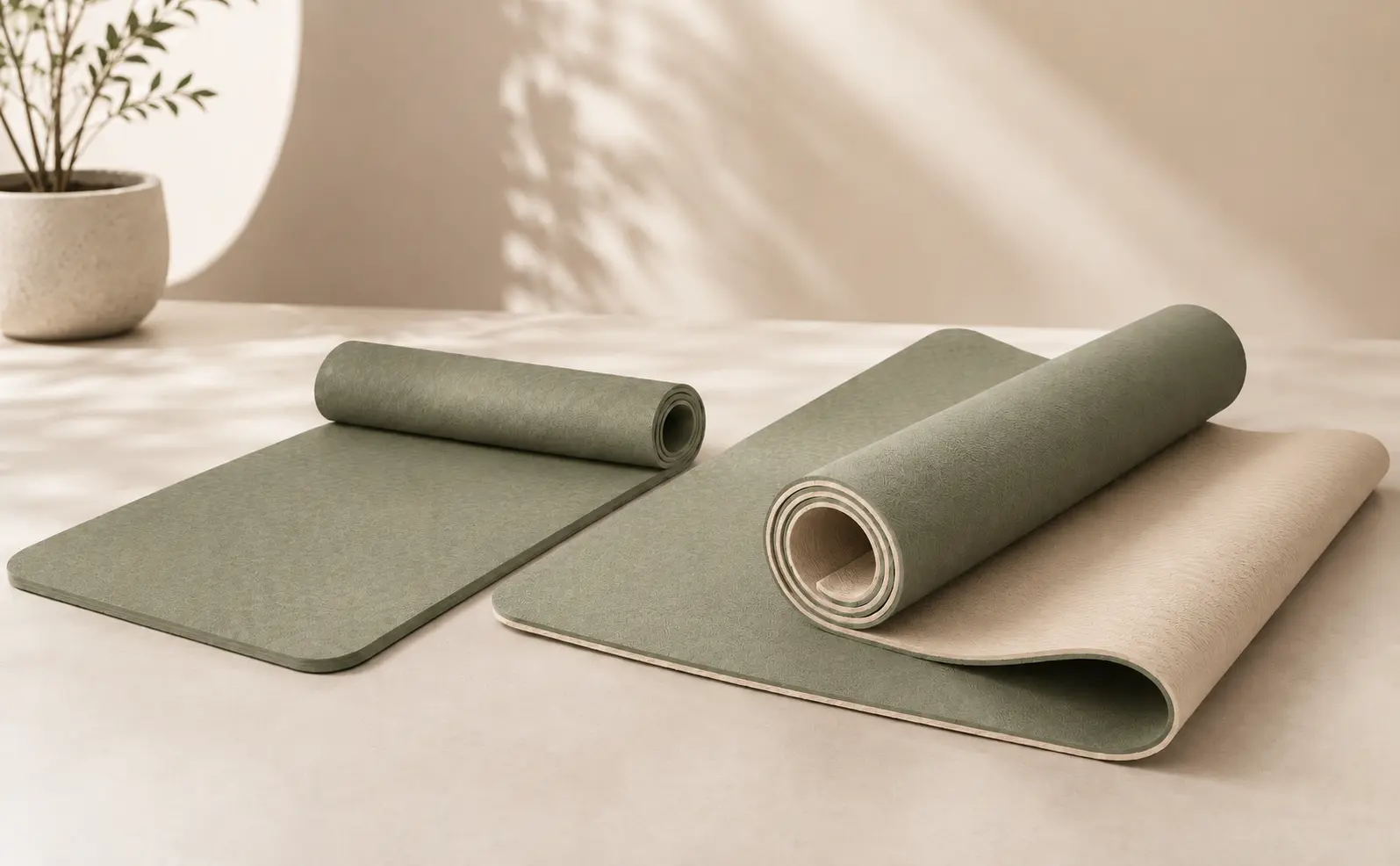 Single-layer and double-layer yoga mats displayed side by side in sage green and beige.