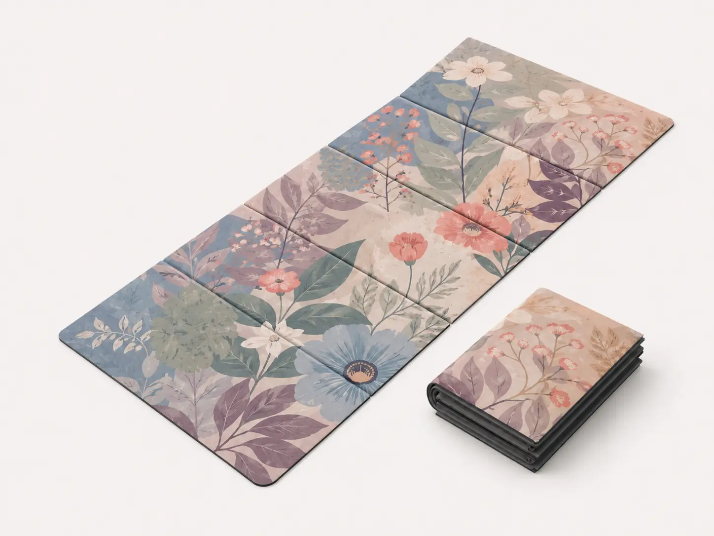 Foldable suede yoga mat with floral print shown in unfolded and folded compact form