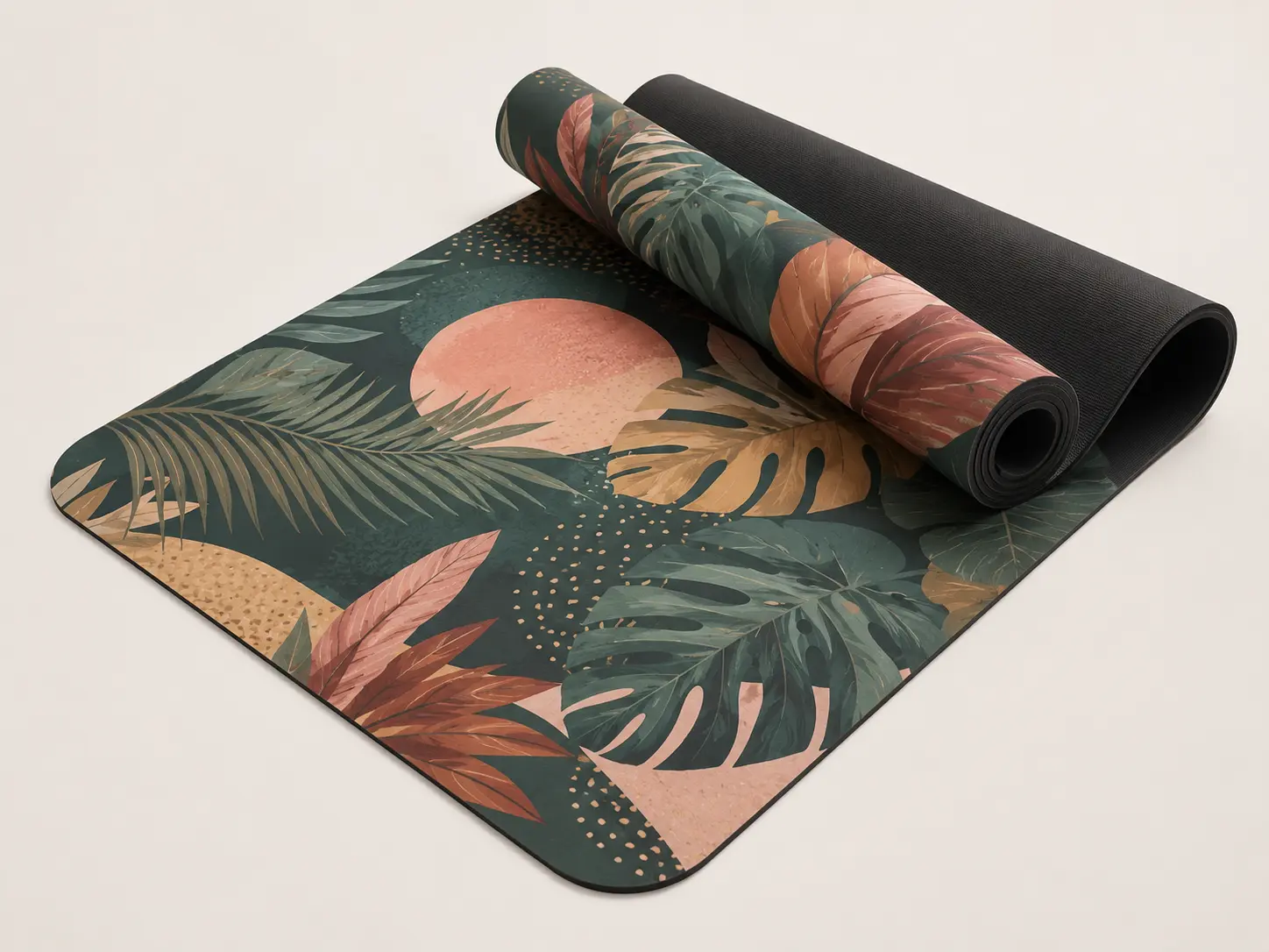 Suede and rubber yoga mat with tropical printed suede surface and durable black rubber base