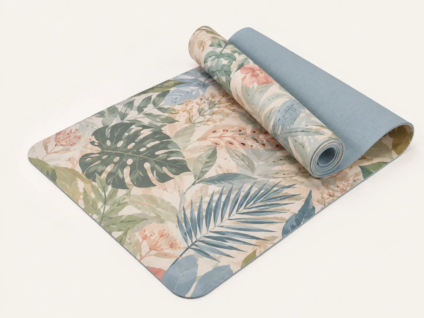 Suede and TPE yoga mat with floral print surface and lightweight blue TPE base