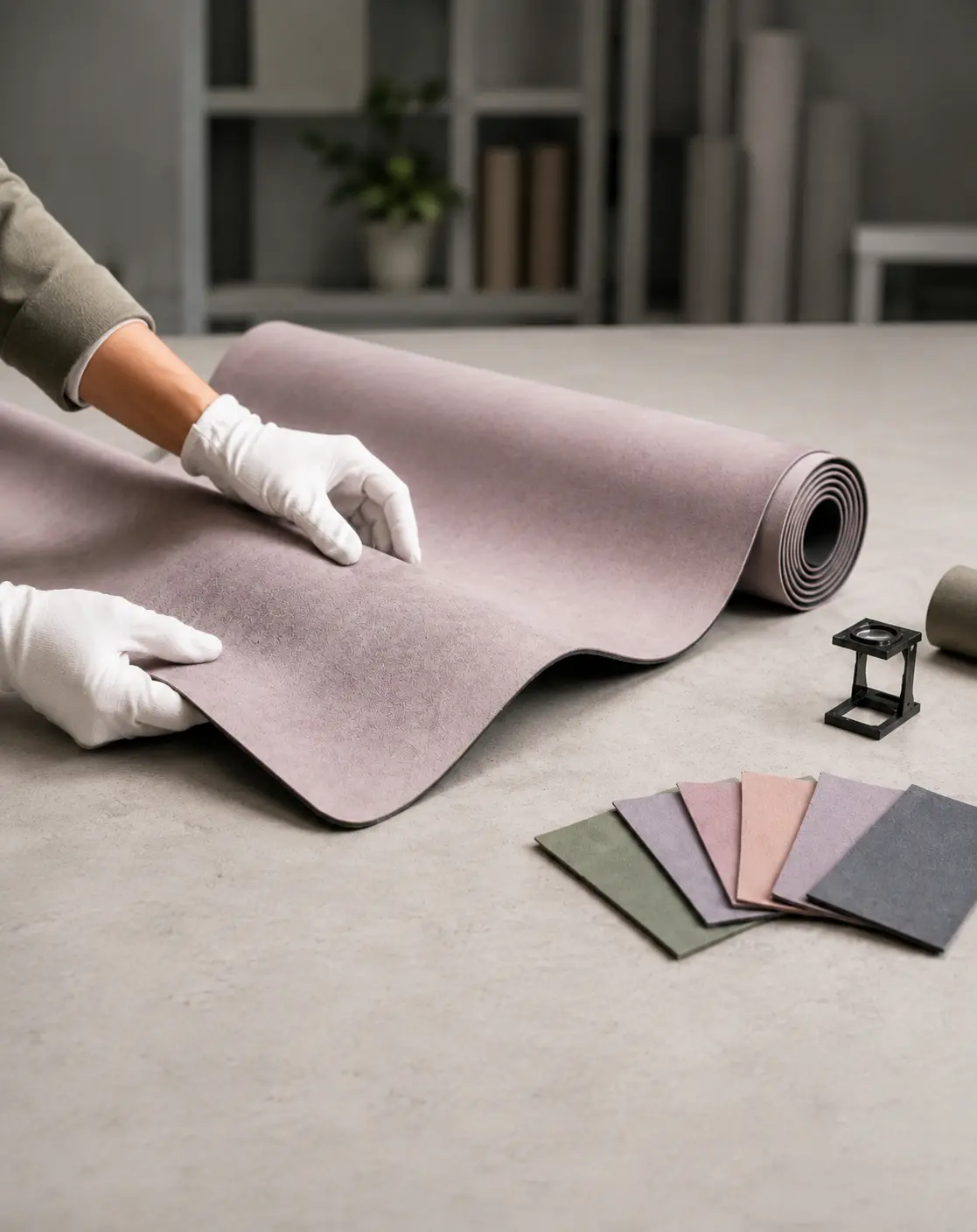 White-gloved inspection of a suede yoga mat microfiber surface with custom color swatches for OEM production