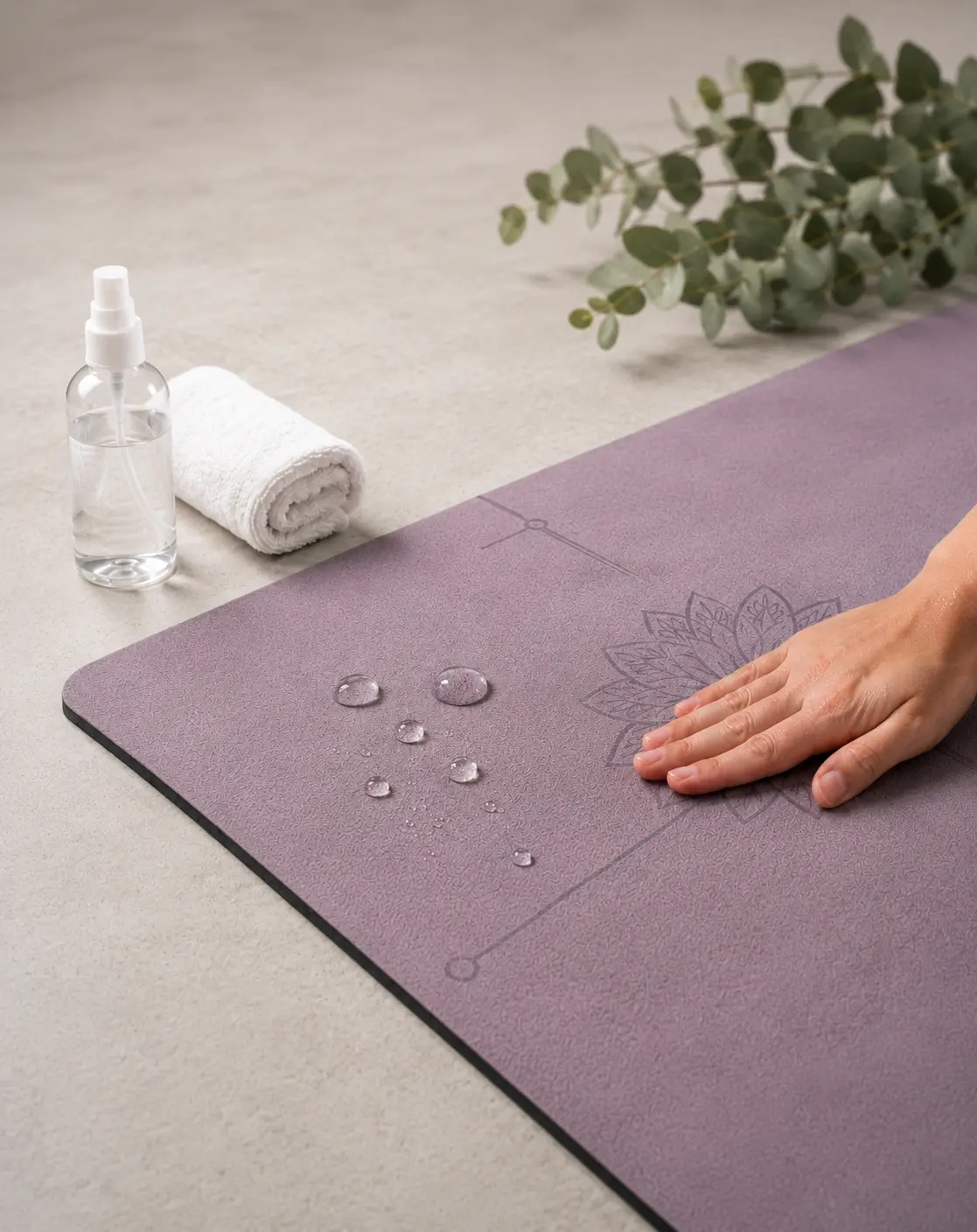 Moisture grip test on a suede yoga mat surface with water droplets, spray bottle, and hand pressure for hot yoga performance