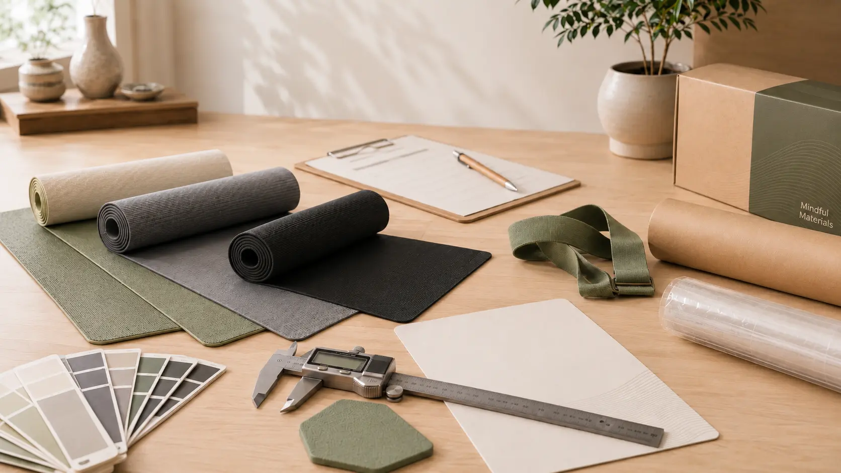 Yoga mat material samples with measuring tools, color swatches, and packaging options for wholesale evaluation