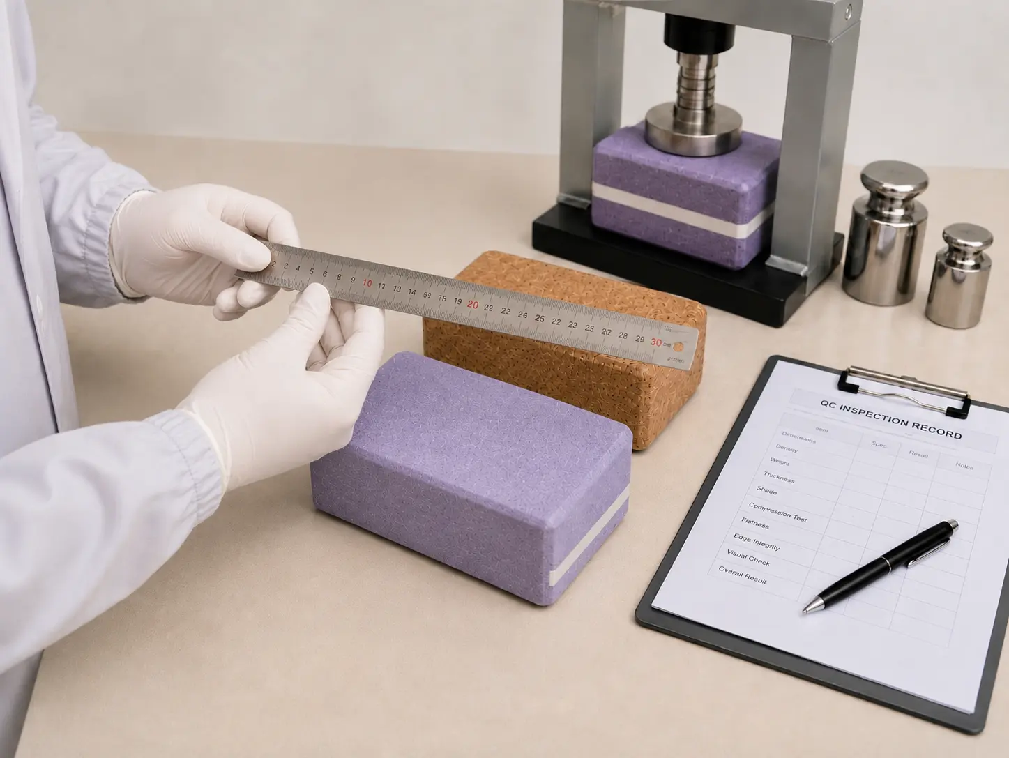 QC technician holding a digital caliper beside EVA and cork yoga blocks during dimensions and support testing