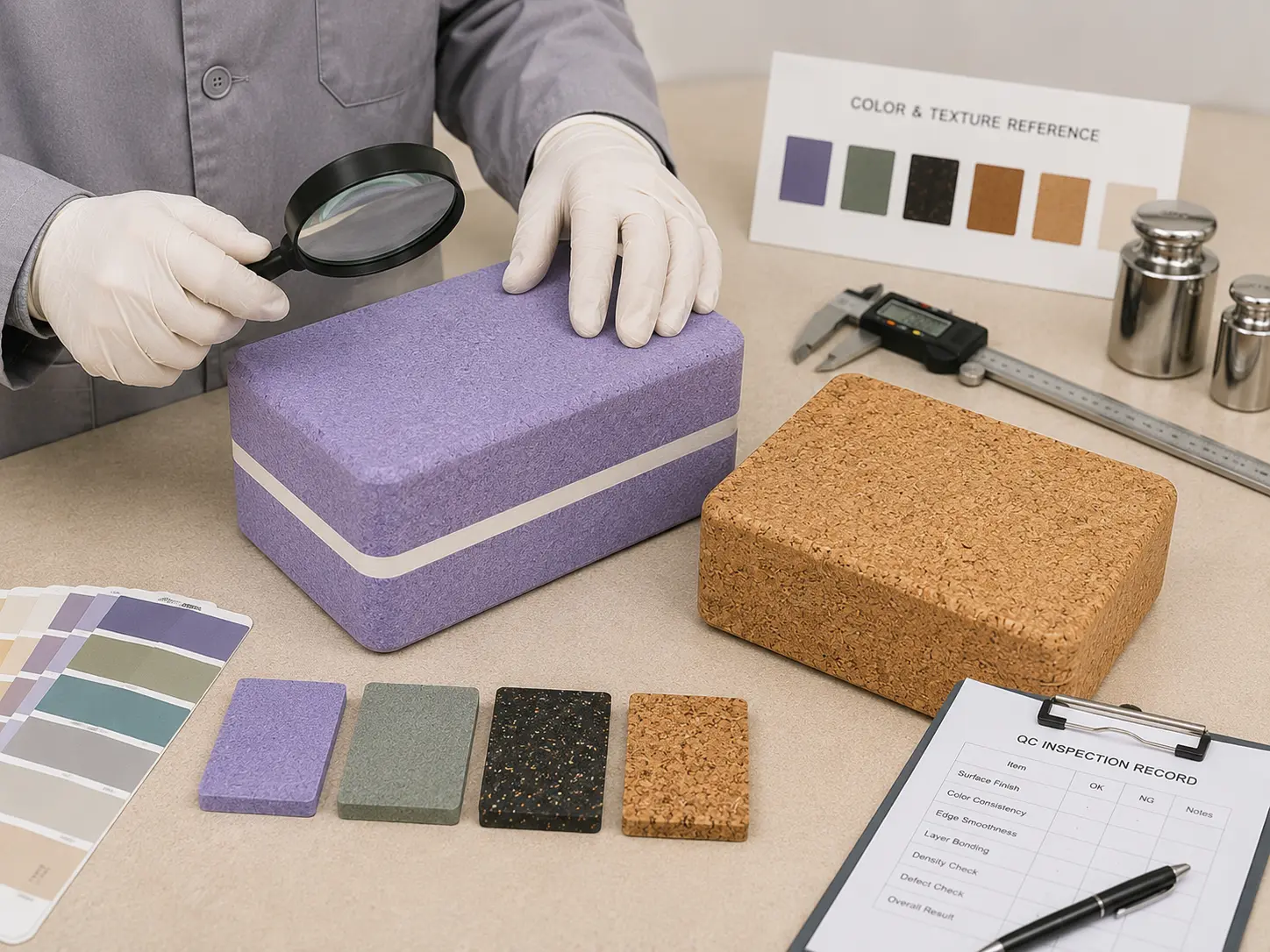 QC technician inspecting the surface and edges of EVA and cork yoga blocks with a magnifying glass