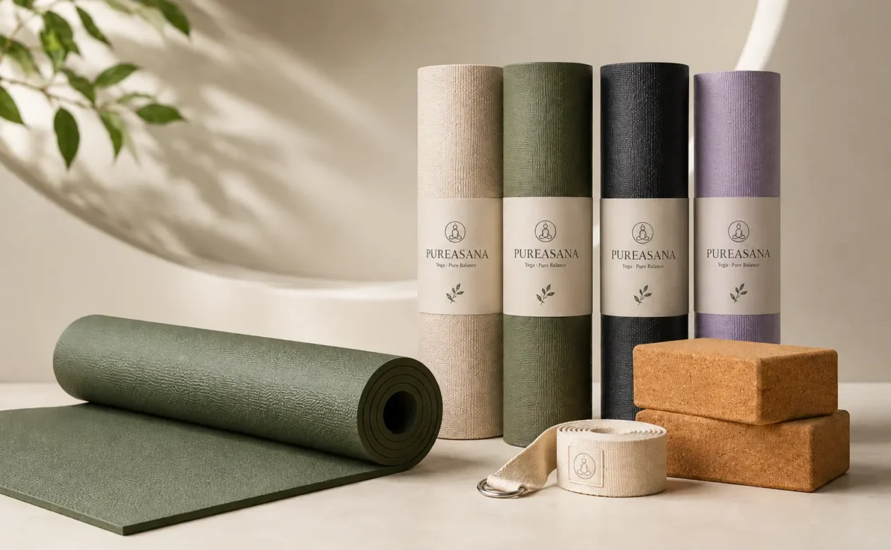 Yoga mats in different colors displayed with cork blocks and a yoga strap for brand product selection