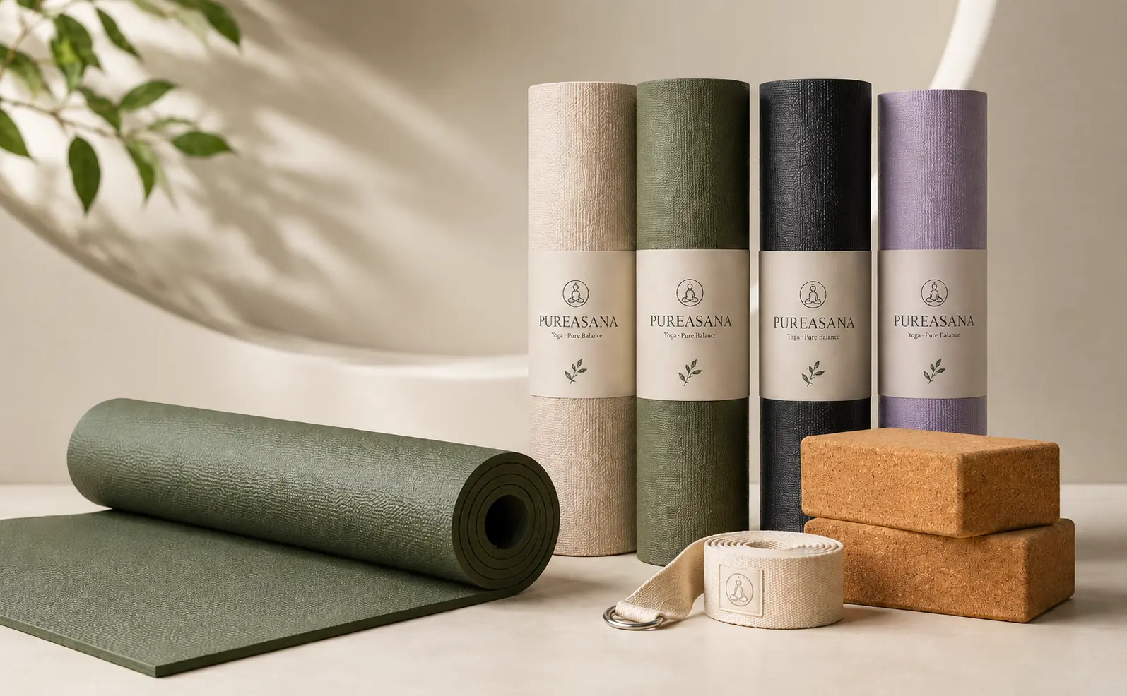 Yoga mats in different colors displayed with cork blocks and a yoga strap for brand product selection