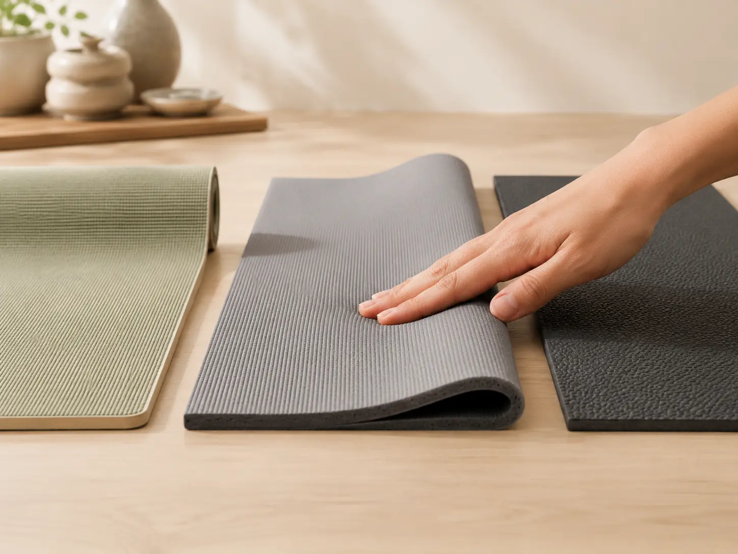 Hand pressing yoga mat samples to compare cushioning, density, and surface texture
