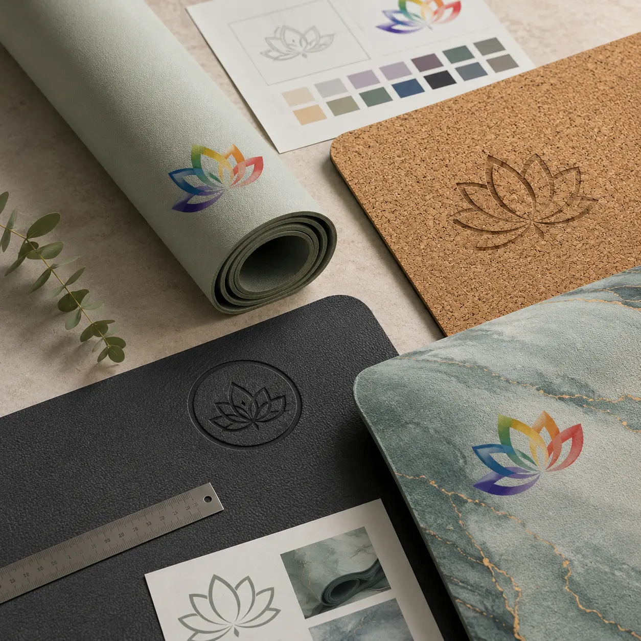 Yoga mat logo samples with color swatches, artwork files, and measuring tools for quality inspection