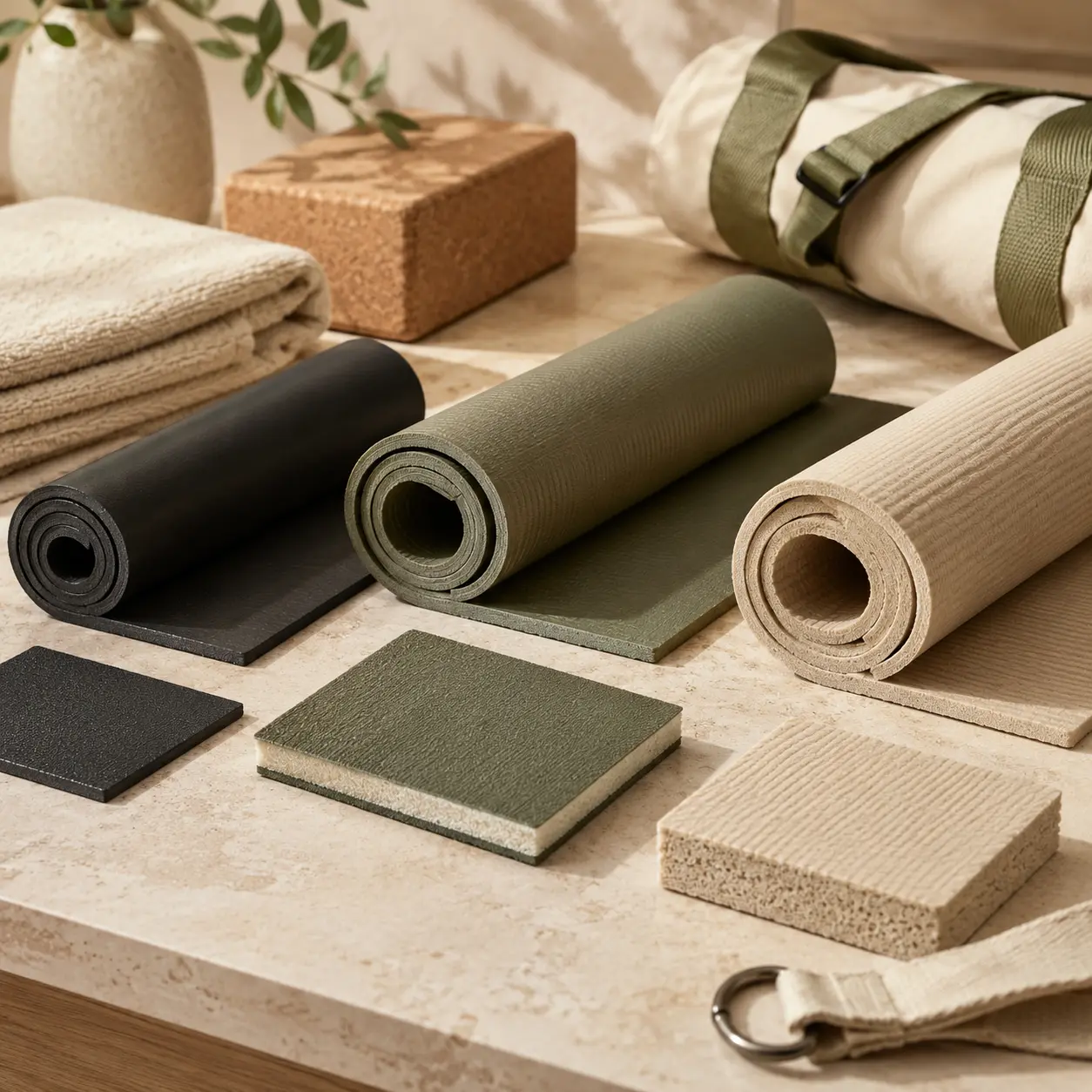 Yoga mat material samples showing different densities foam structures and single-layer or layered constructions