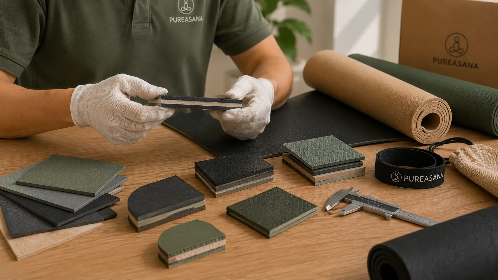 Inspector checking yoga mat material samples, layered structure, bonding, surface texture, and edge quality