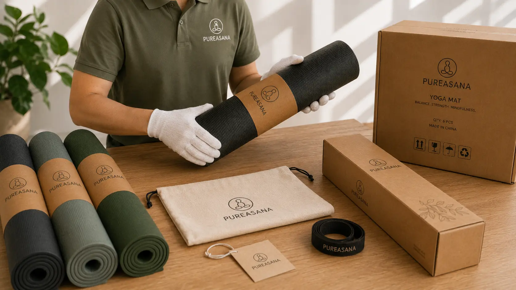 Inspector checking rolled yoga mats, paper bands, cloth bags, straps, retail boxes, and export cartons before shipment
