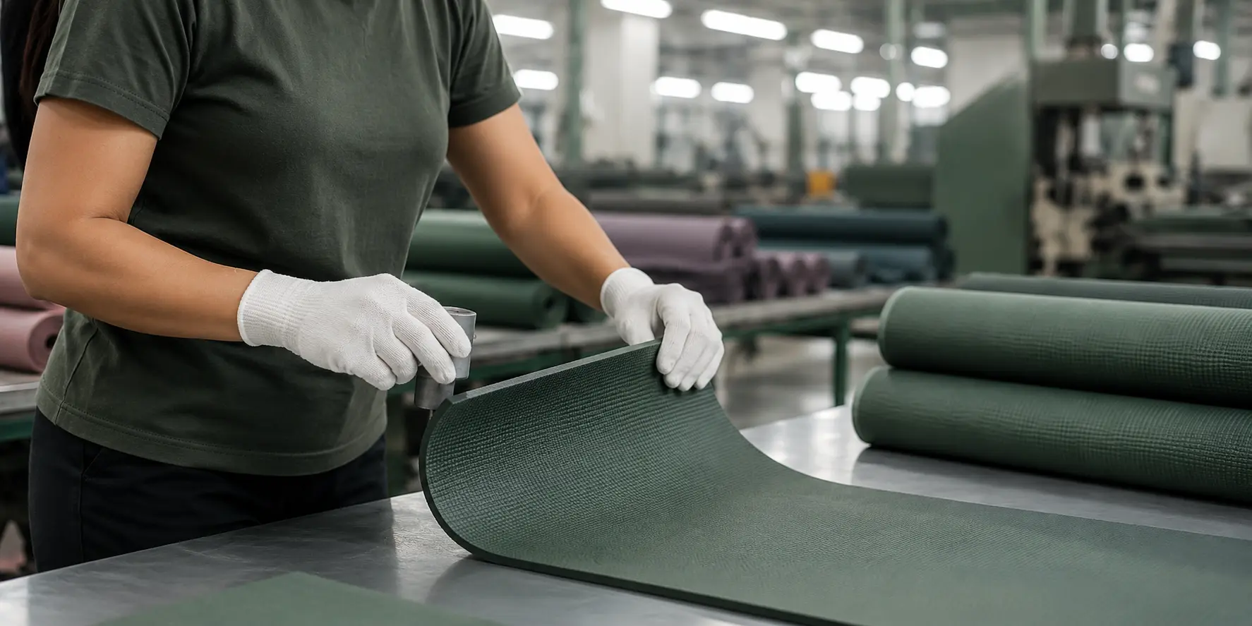 Factory worker inspecting the thickness, edge, and surface texture of a green yoga mat during production.