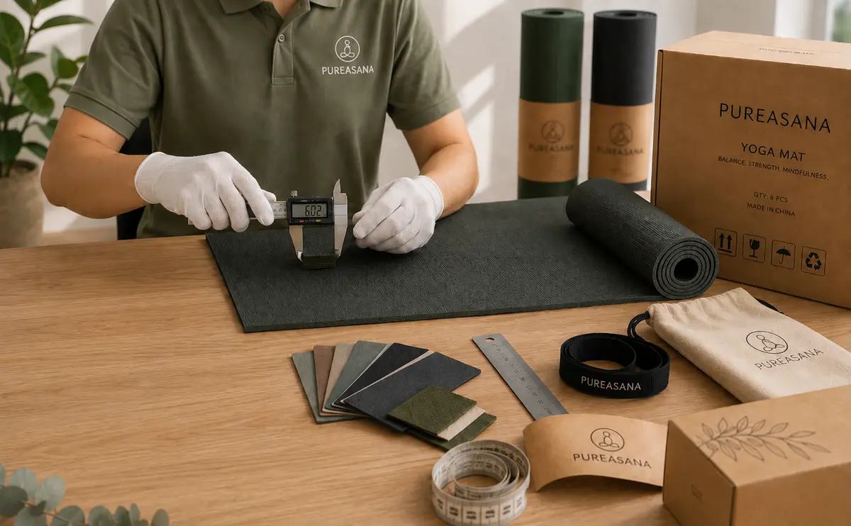 Quality inspector measuring yoga mat thickness during quality control for bulk orders