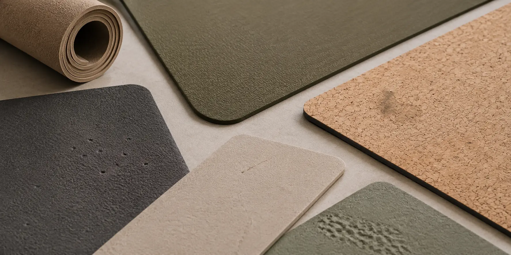 Yoga mat surface defects shown on different material samples including pinholes dents stains and texture inconsistencies