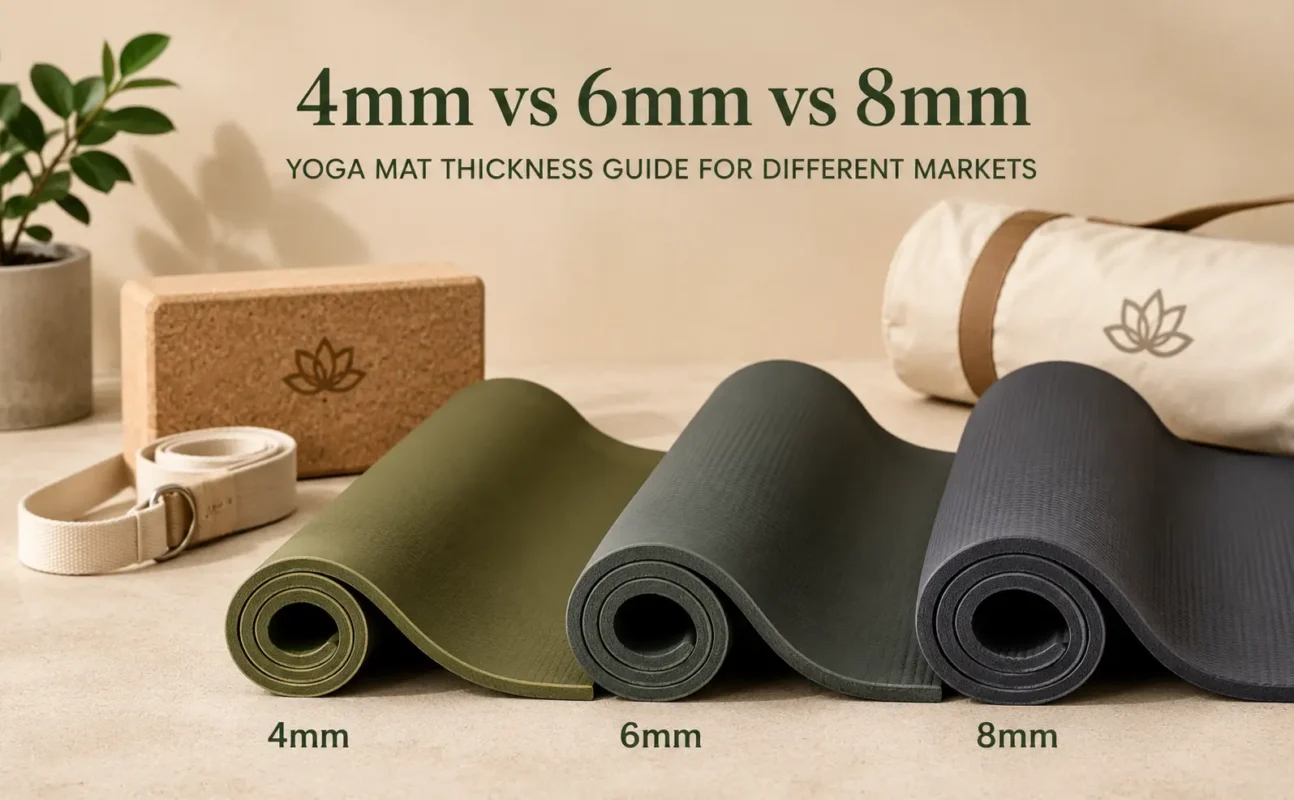Yoga mat thickness comparison showing 4mm, 6mm, and 8mm mats for different target markets