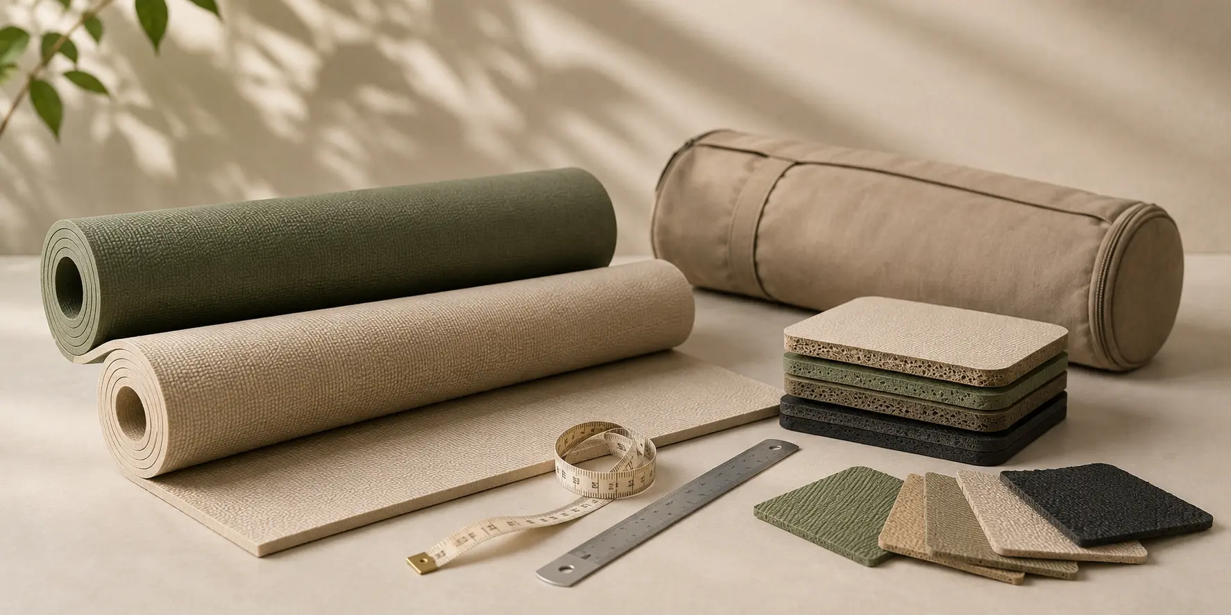Yoga mat rolls, layered material samples, ruler, and measuring tape for comparing thickness and structure