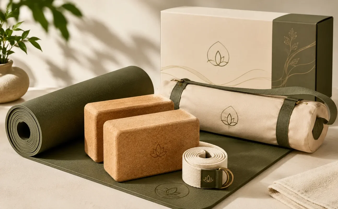 Coordinated yoga product bundle with an olive yoga mat, cork blocks, yoga strap, carry bag, and retail packaging