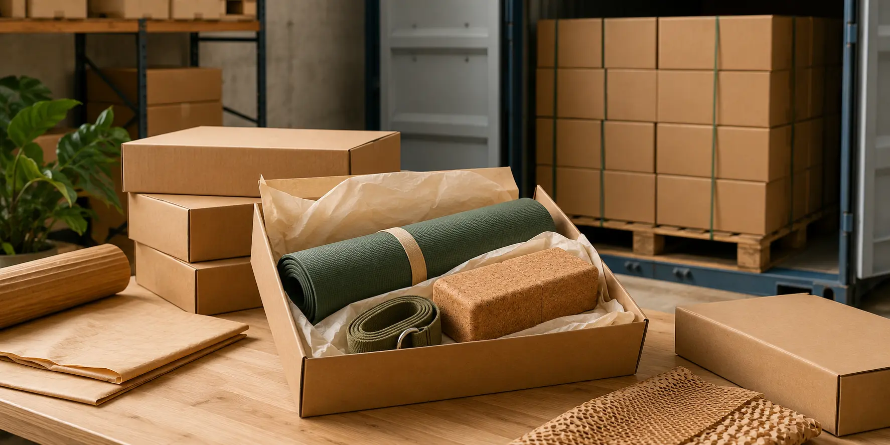 Yoga mat, cork block, and yoga strap packed in a recyclable box for bulk shipping and export.