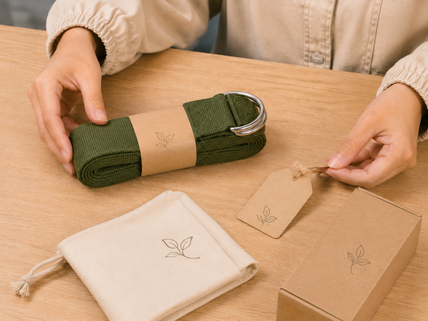 QC staff checking yoga strap branding, packaging details and final product presentation before shipment