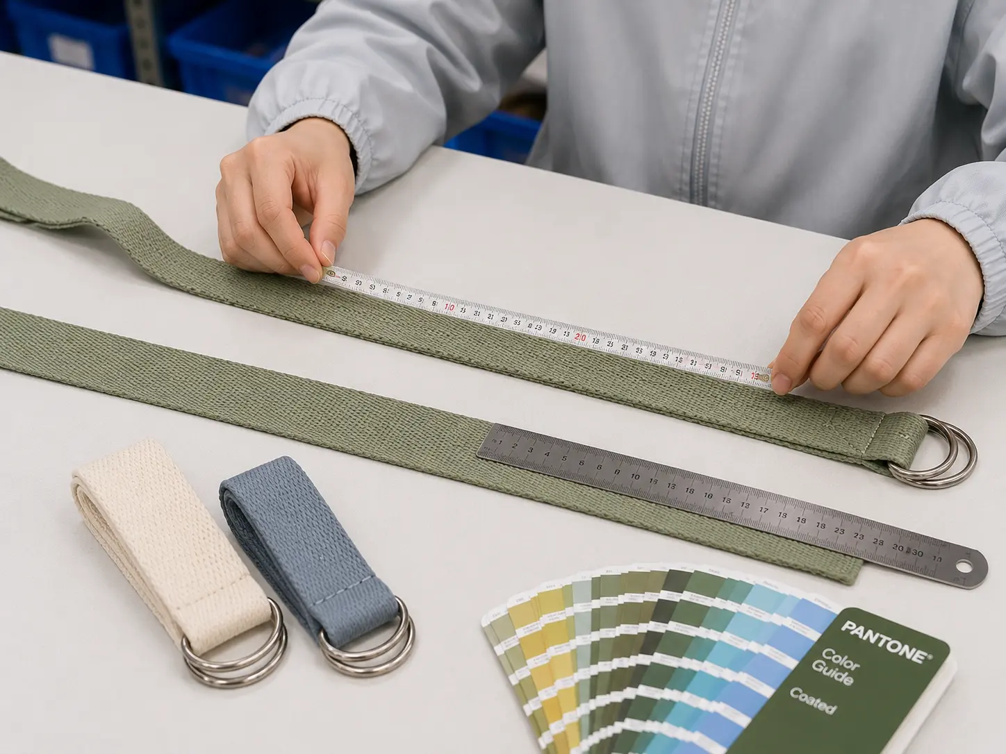 QC staff measuring yoga strap webbing dimensions and checking material texture and color consistency