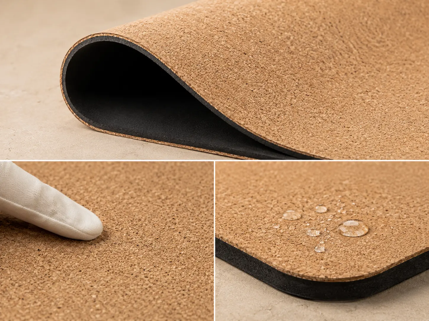 Cork natural rubber yoga mat construction details showing natural cork surface, rubber base and laminated edge structure