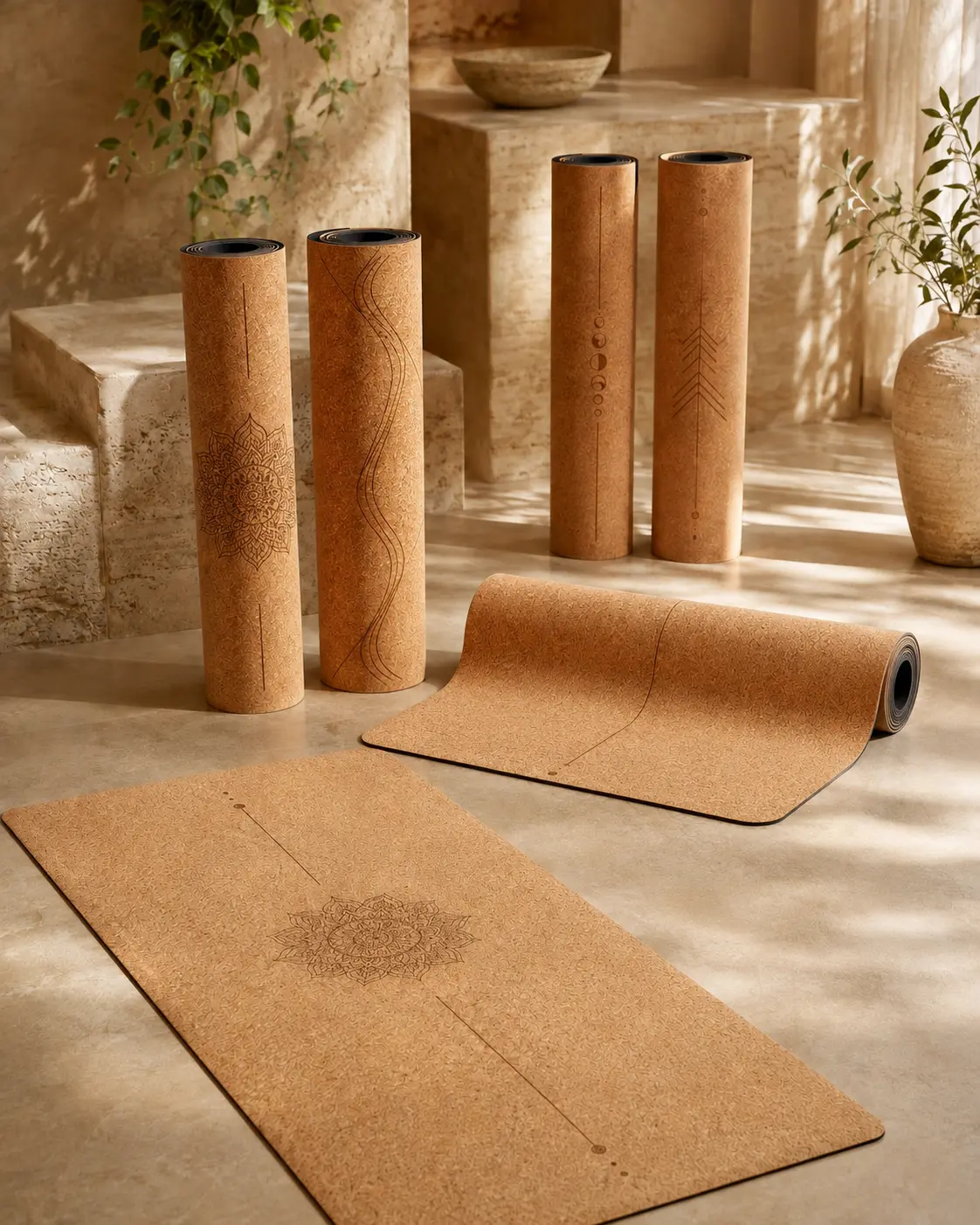 Cork natural rubber yoga mats with mandala and alignment designs in a premium product display