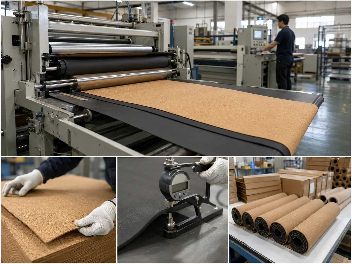 Cork natural rubber yoga mat manufacturing process showing cork surface preparation, rubber base thickness control, lamination and packaging