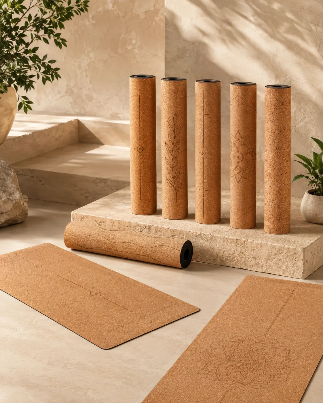 Cork rubber yoga mat collection showing multiple printed and engraved pattern options