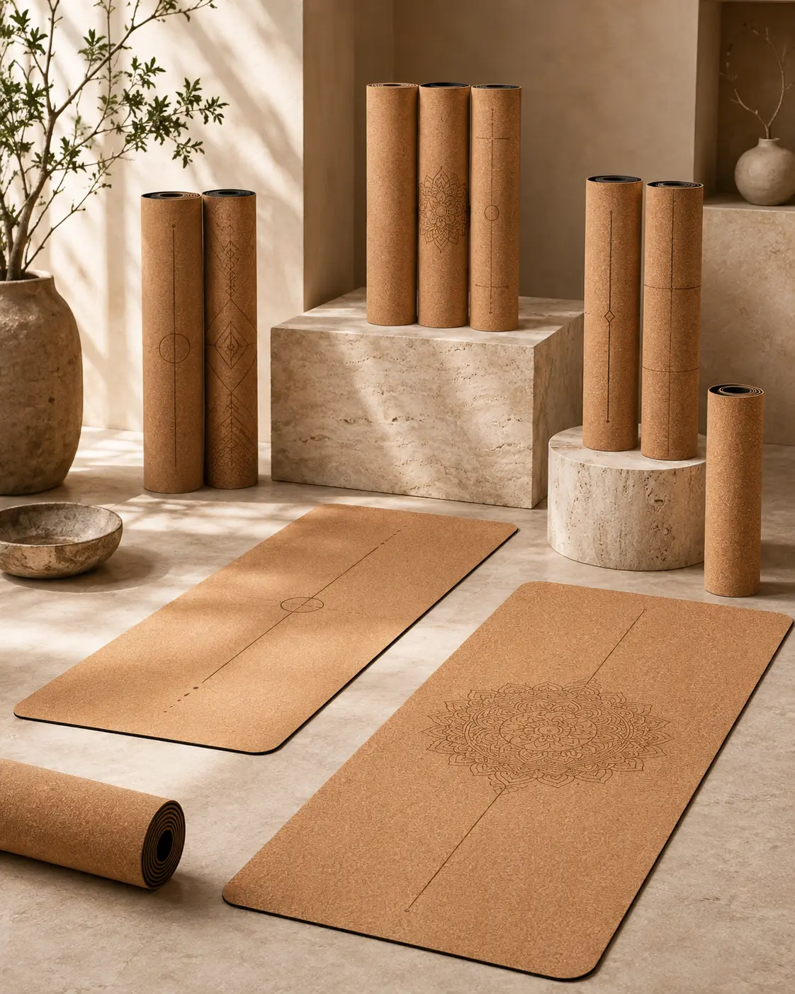 Custom cork natural rubber yoga mats with minimalist alignment lines and mandala artwork