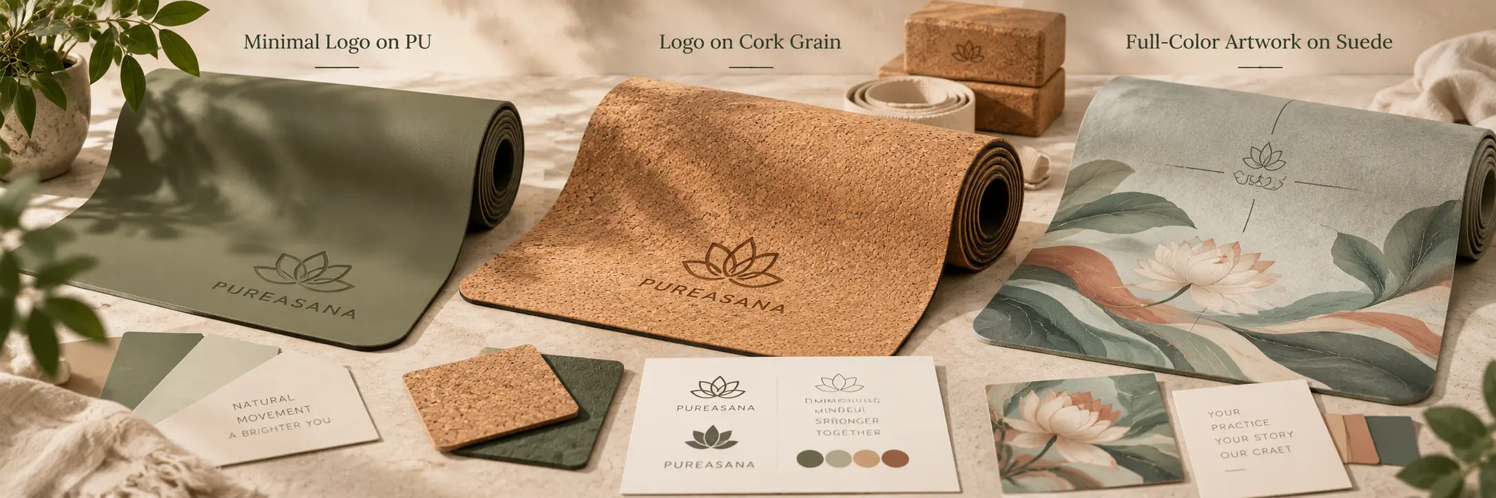 Logo and artwork examples on PU, cork and printed microfiber suede yoga mats